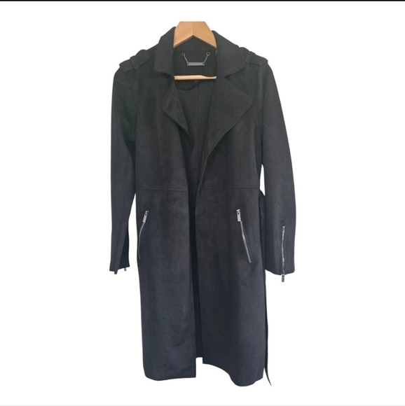 Tahari Faux Leather Long Jacket Coat Small Women Black Zipper Pockets Belted New - Picture 1 of 11